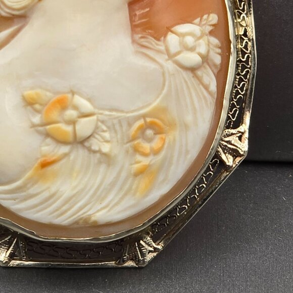 Antique 14K White Gold Cameo Brooch/Pendant 2" Filigree Frame 13.72g 44x36mm - Picture 3 of 16